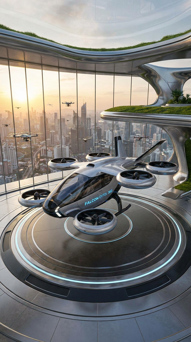 360 Falcon ducted-rotor concept on a futuristic city landing pad