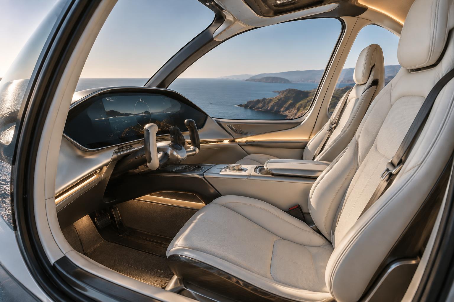 360 Falcon interior concept with two sculpted seats and a panoramic coastal view